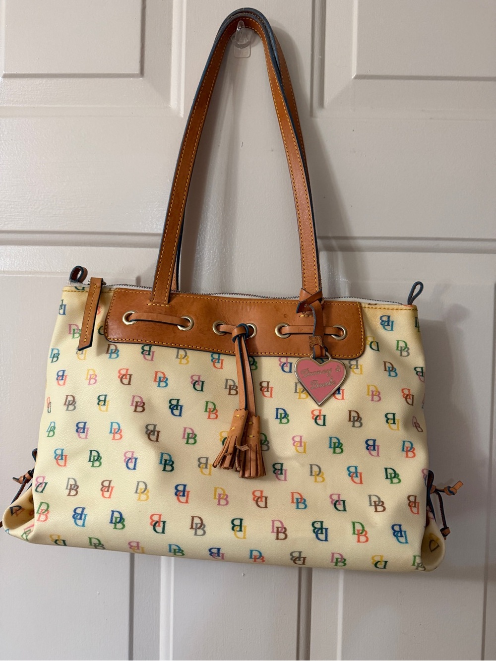 Dooney & Bourke Cream Multicolor DB Logo Shoulder Bag with Tan Trim